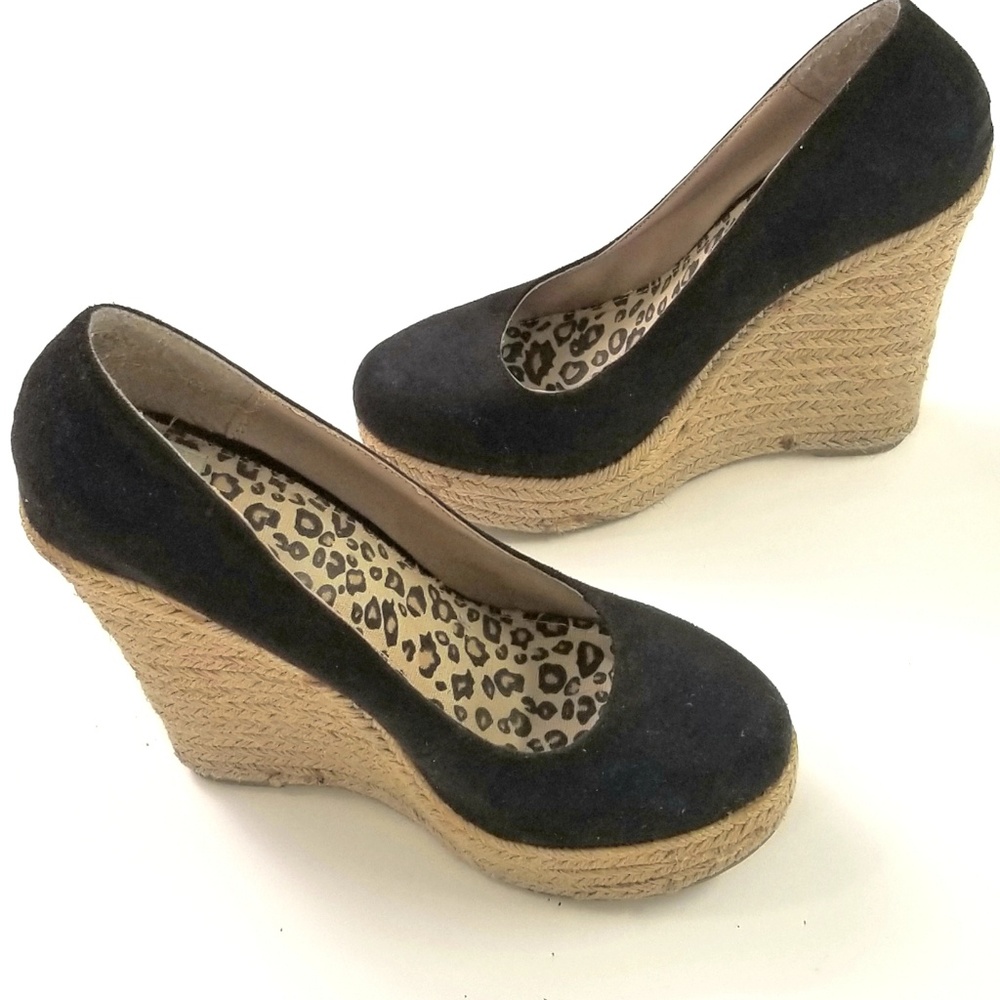 Espadrille Wedges 9 Black Suede Cork Microsuede